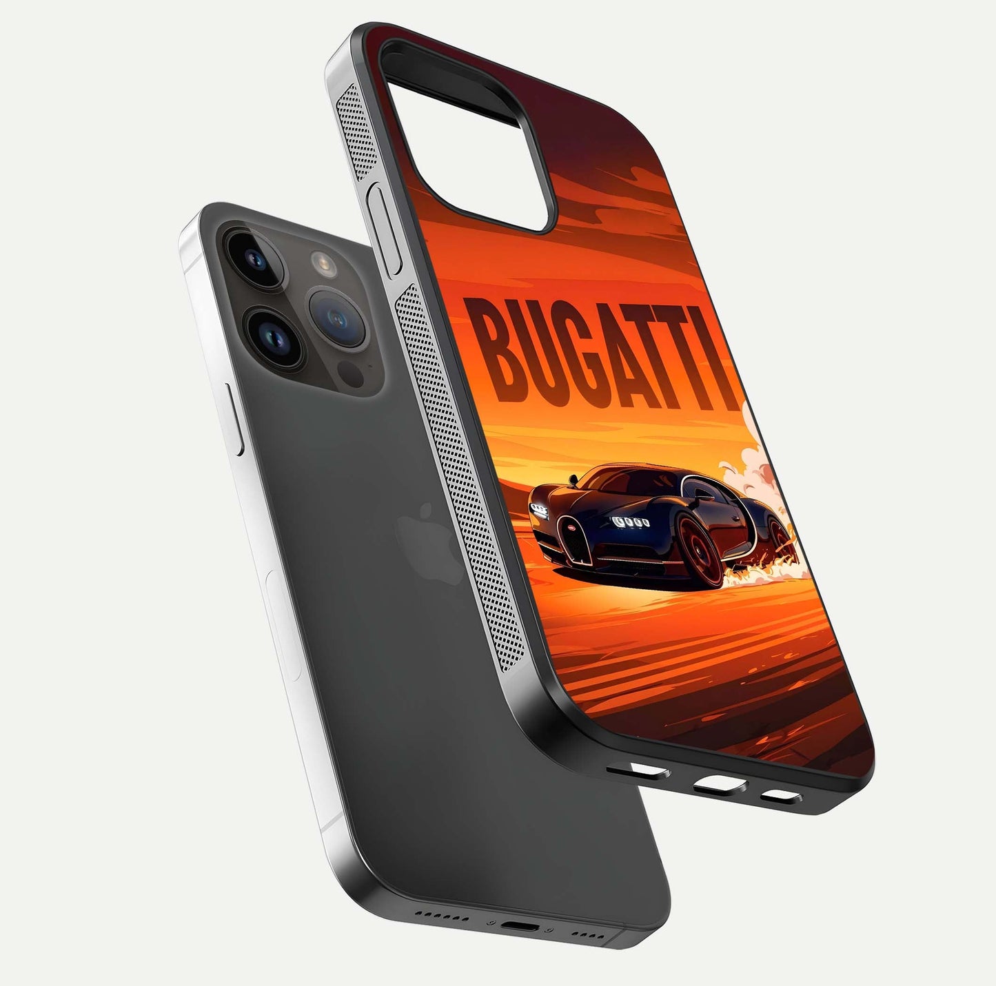 Inferno Bugatti Storm Glass Case for iPhone 14 Pro Max floating dual-view mockup showing gloss surface and racing energy
