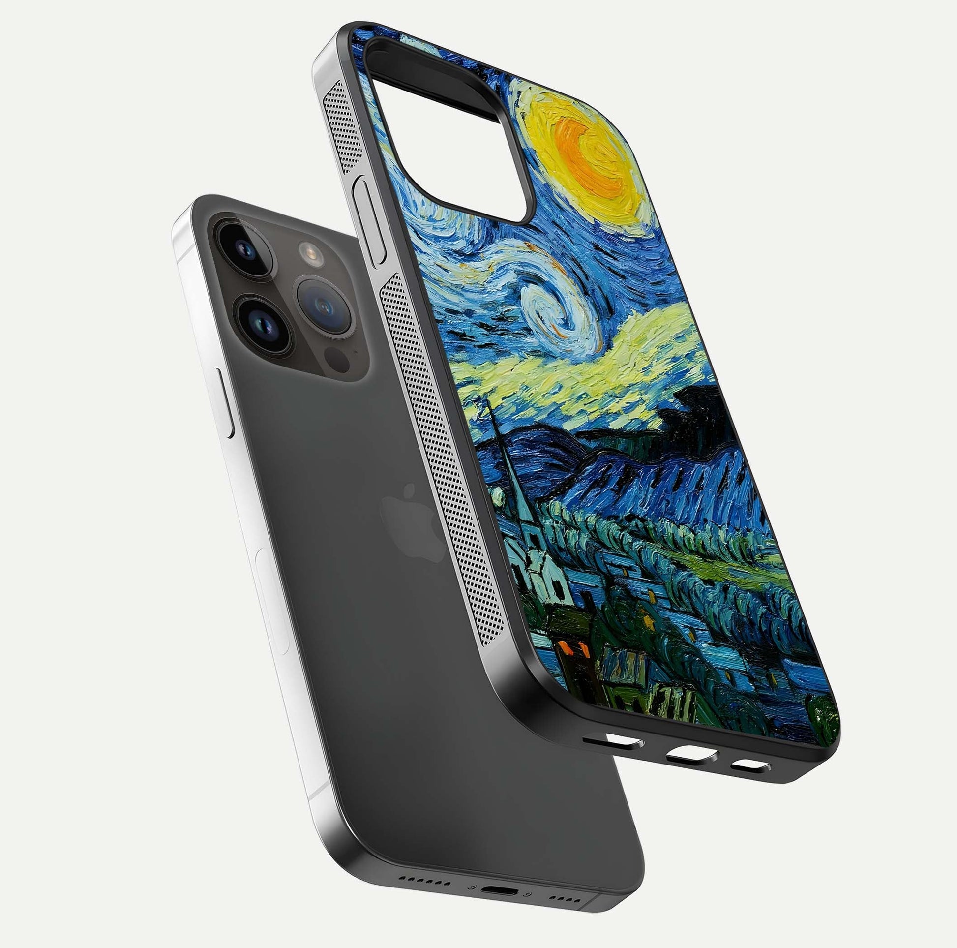 Inspired Van Gogh Art Glass Case for iPhone 14 Pro Max floating dual-view mockup showing gloss depth and artistic reflection