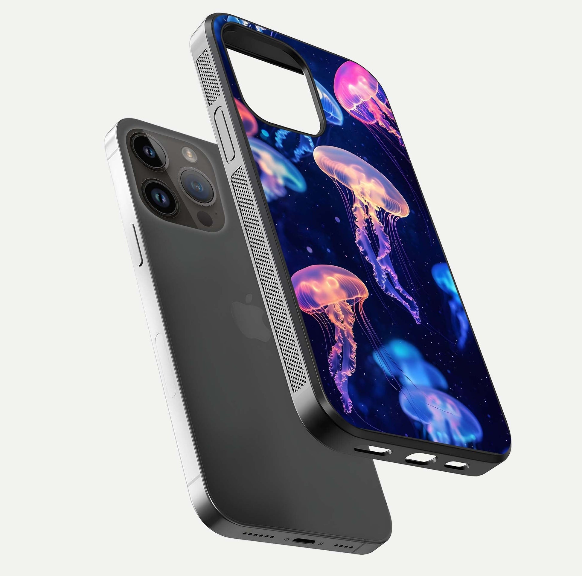 Jellyfish Pattern Glass Case for iPhone 14 Pro Max floating dual-view mockup showing gloss texture and oceanic depth