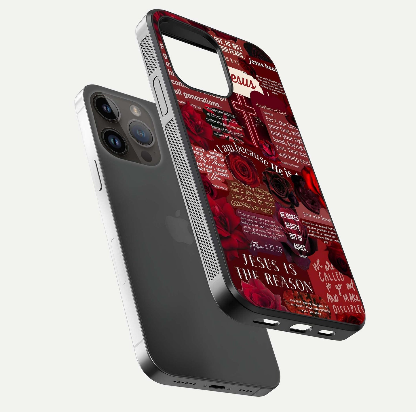 Jesus Love Heals Glass Case for iPhone 14 Pro Max floating dual-view mockup showing glossy shine and faith-inspired art