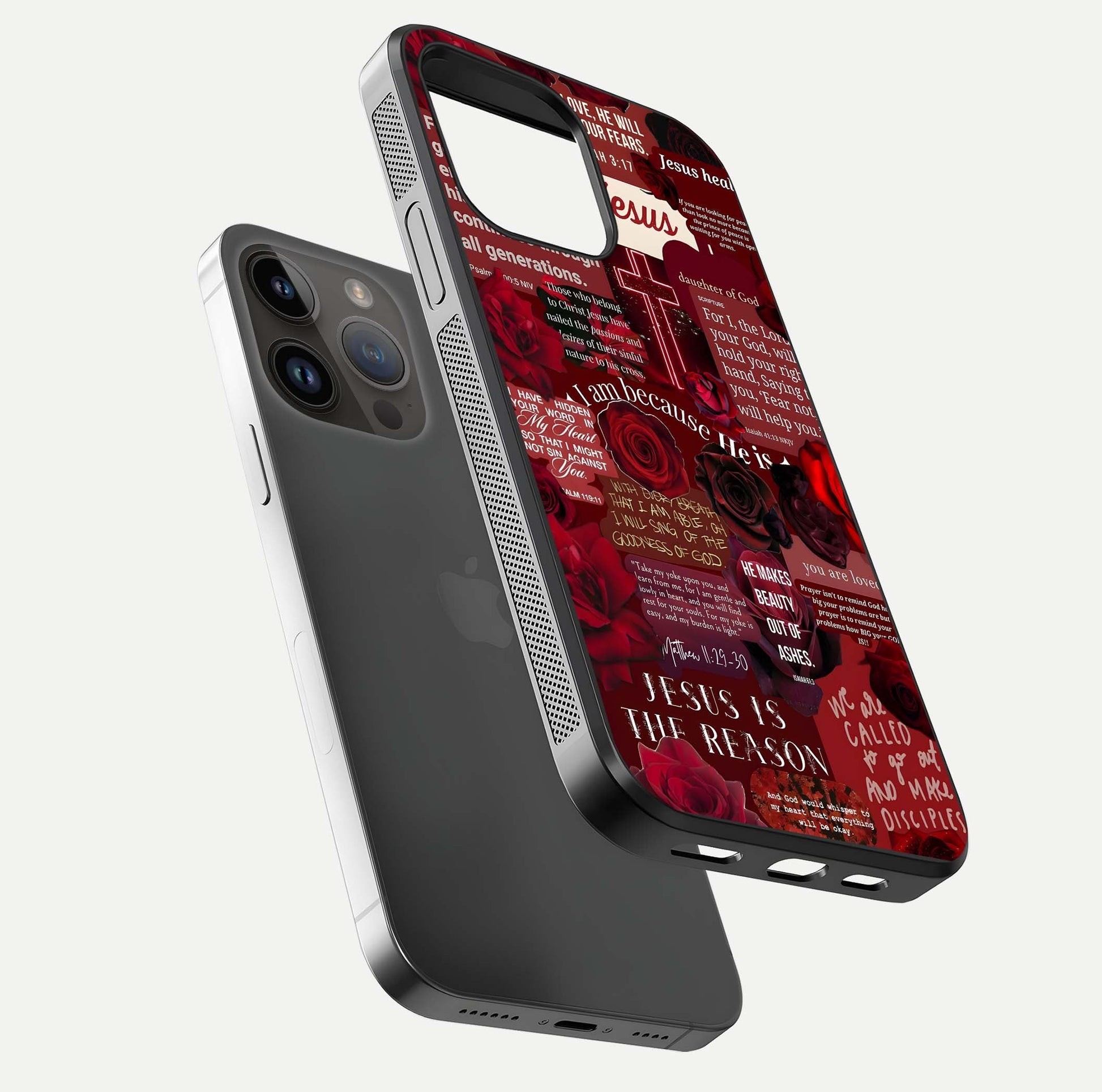 Jesus Love Heals Glass Case for iPhone 14 Pro Max floating dual-view mockup showing glossy shine and faith-inspired art