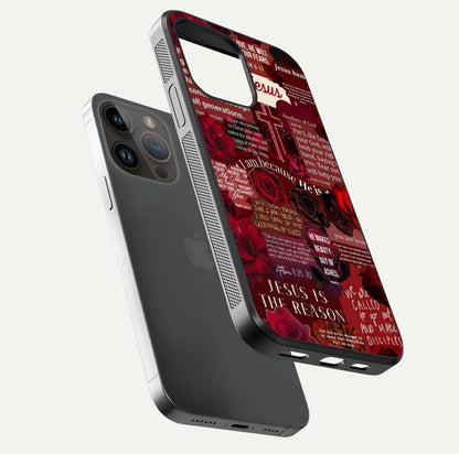 Jesus Love Heals Glass Case for iPhone 14 Pro Max floating dual-view mockup showing glossy shine and faith-inspired art