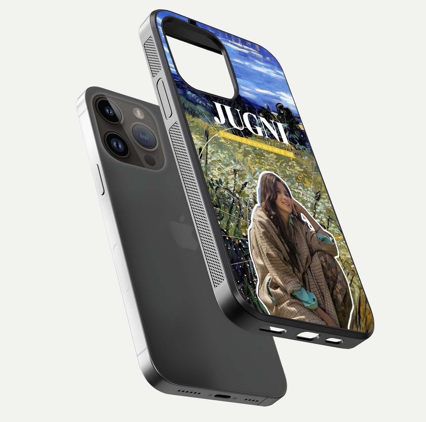 Jugni Soul Vibes Glass Case for iPhone 14 Pro Max floating dual-view mockup showing gloss surface and vivid design style