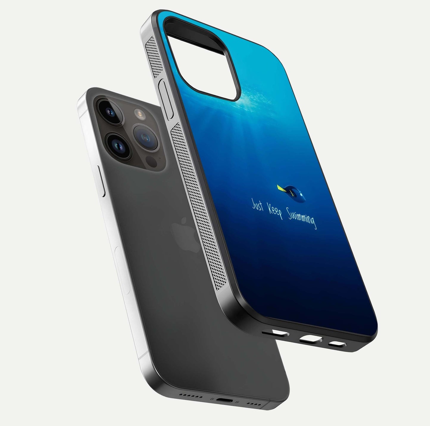 Just Keep Swimming Glass Case for iPhone 14 Pro Max floating dual-view mockup showing gloss brightness and wave motif
