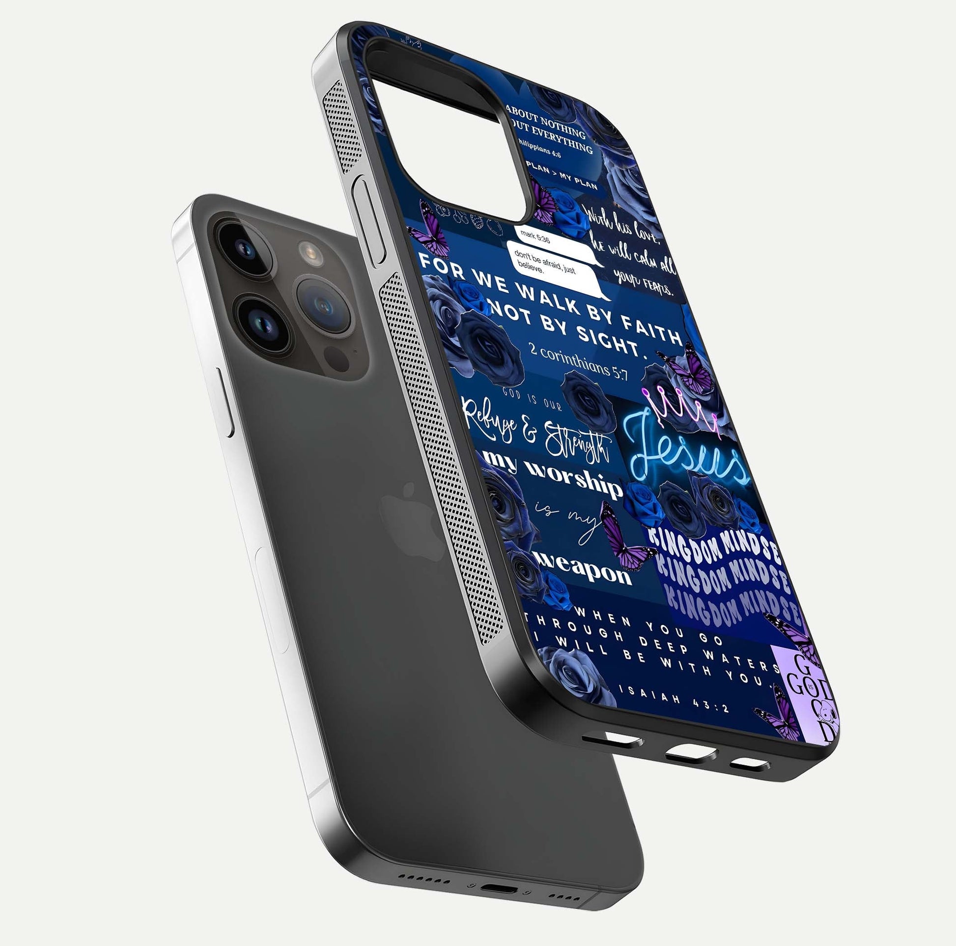 Kingdom Faith Glow Glass Case for iPhone 14 Pro Max floating dual-view mockup showing premium gloss and golden aura