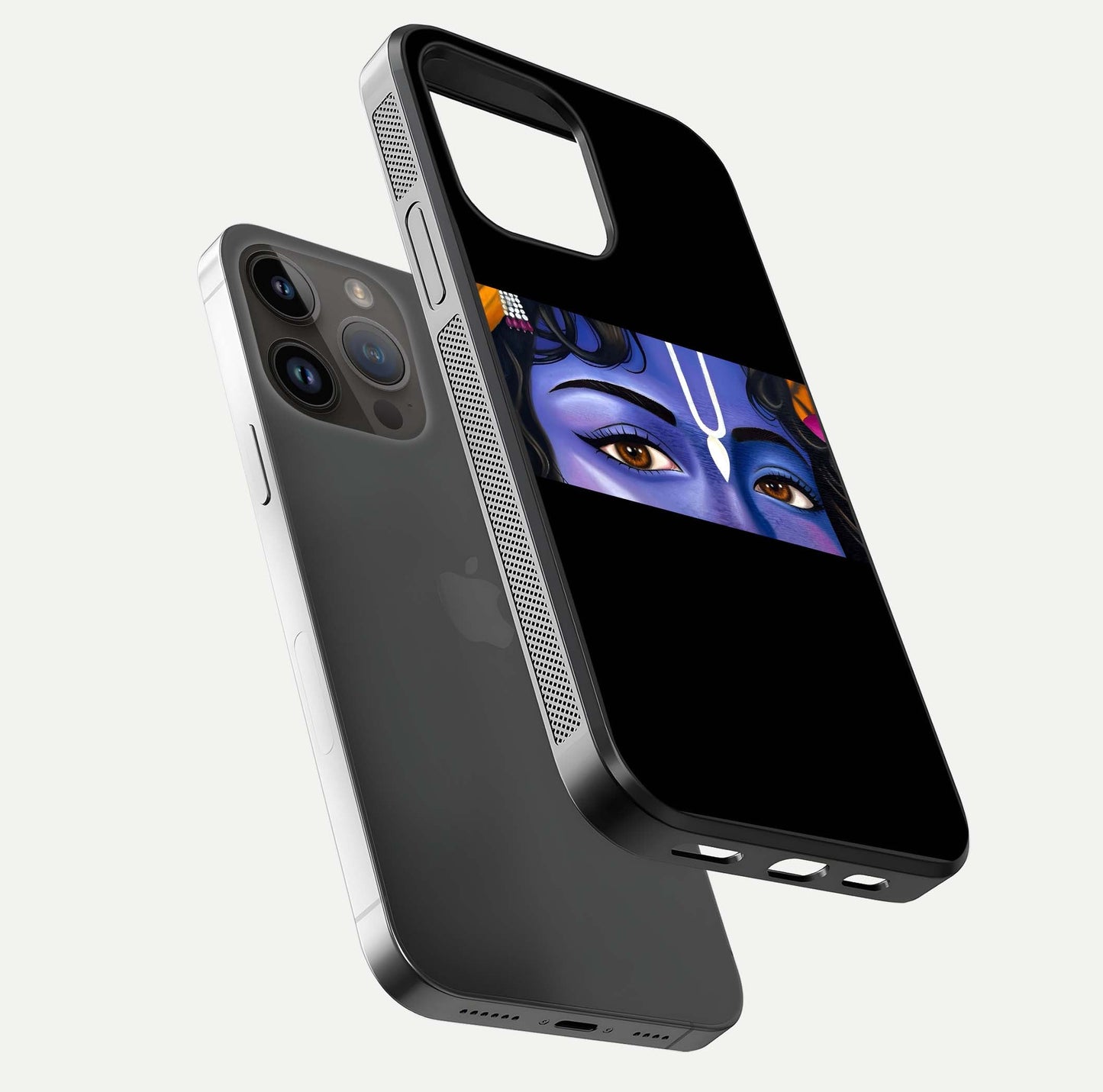Krishna Eye Glass Case for iPhone 14 Pro Max floating dual-view mockup showing gloss surface and divine art depth