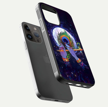 Krishna Hands Art Glass Case for iPhone 14 Pro Max floating dual-view mockup showing premium gloss reflection