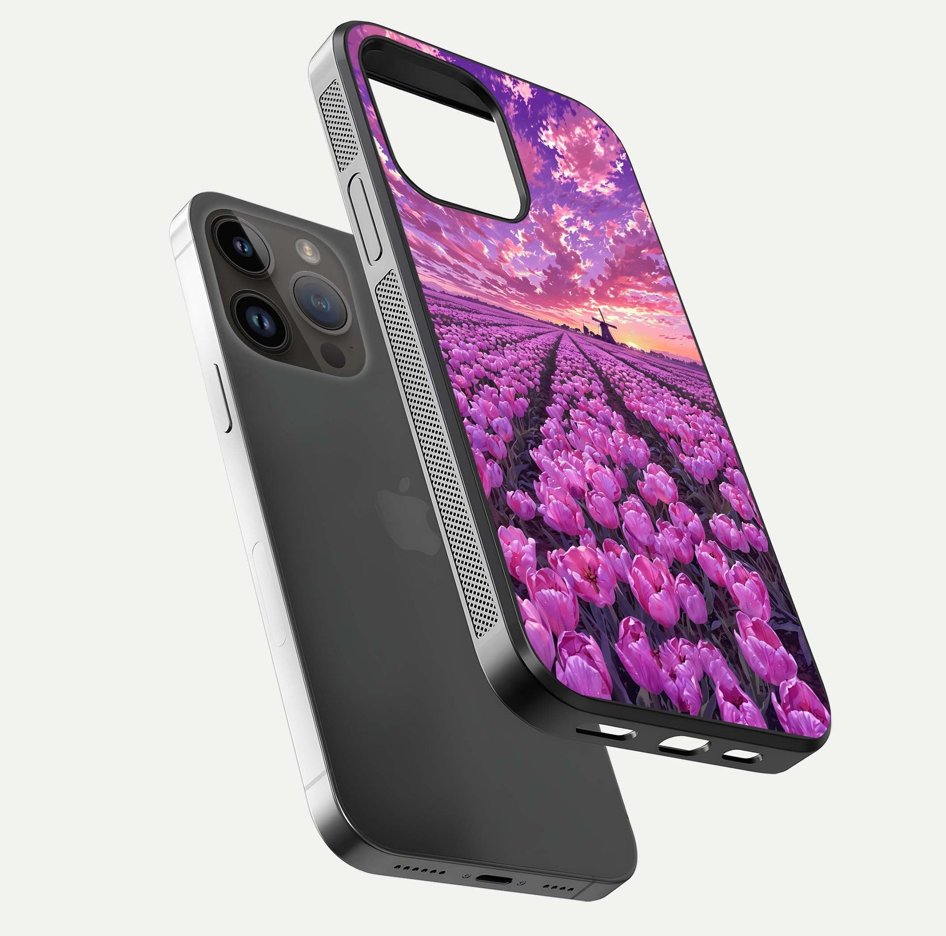 Lavender Dream Skies Glass Case for iPhone 14 Pro Max floating dual-view mockup showing gloss polish and pastel design