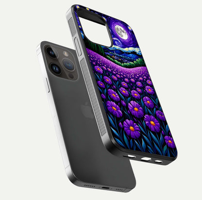 Lavender Moon Field Glass Case for iPhone 14 Pro Max floating dual-view mockup showing gloss surface and floral glow