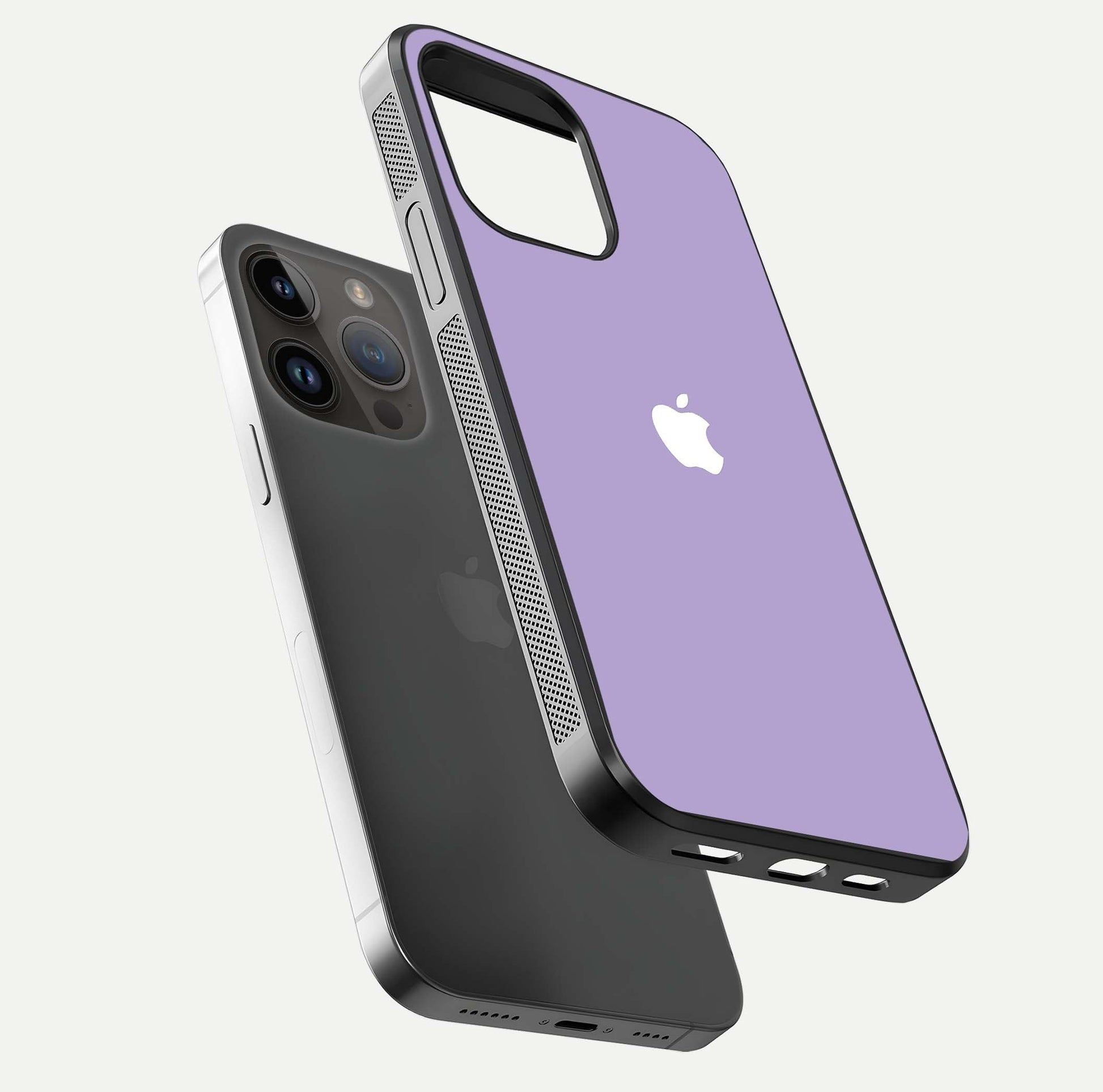 Lavender Soft Minimal Glass Case for iPhone 14 Pro Max floating dual-view mockup showing gloss reflection and pastel tone