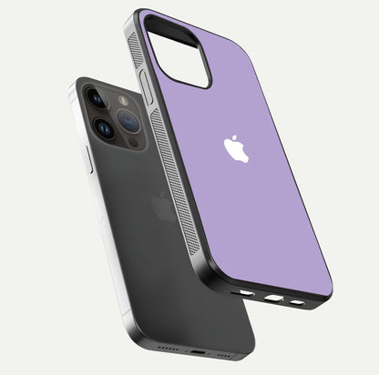 Lavender Soft Minimal Glass Case for iPhone 14 Pro Max floating dual-view mockup showing gloss reflection and pastel tone
