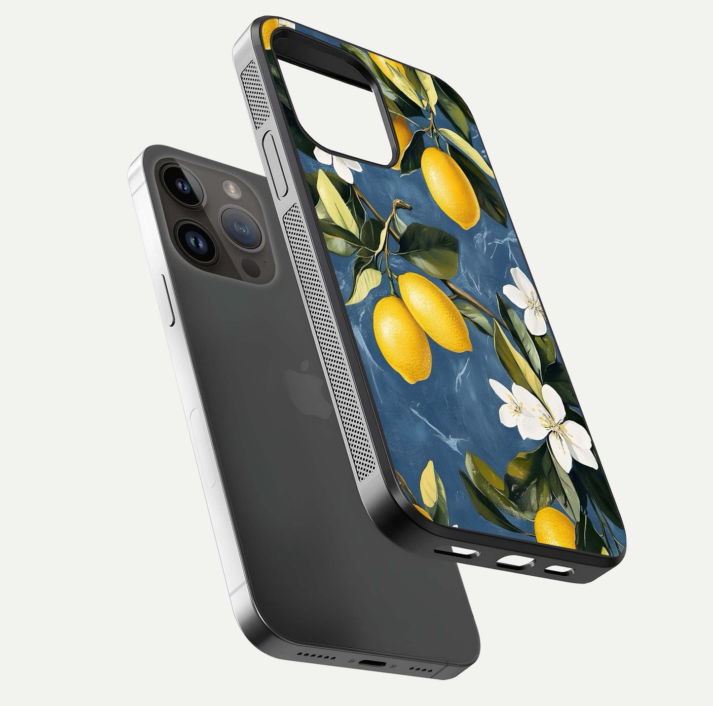 Lemon Dream Garden Glass Case for iPhone 14 Pro Max floating dual-view mockup showing gloss brightness and vivid yellow print