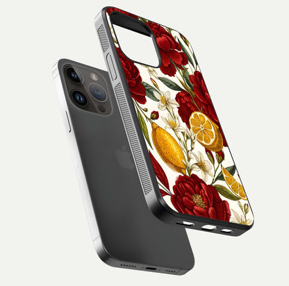 Lemon Rose Charm Glass Case for iPhone 14 Pro Max floating dual-view mockup showing gloss polish and floral gradient