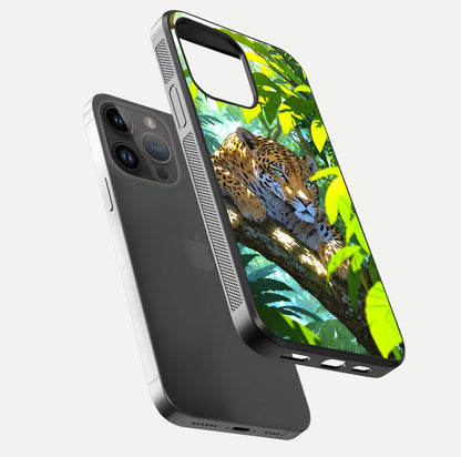 Leopard in Jungle Glass Case for iPhone 14 Pro Max floating dual-view mockup showing gloss finish and HD wild pattern