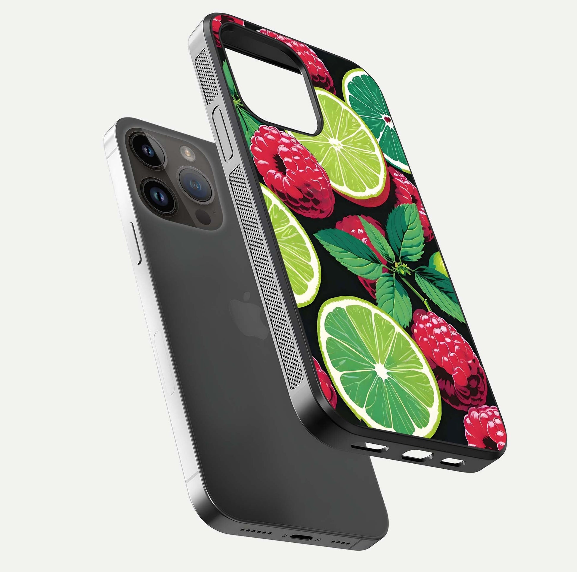 Lime and Raspberry Pattern Glass Case for iPhone 14 Pro Max floating dual-view showing HD gloss and vivid print