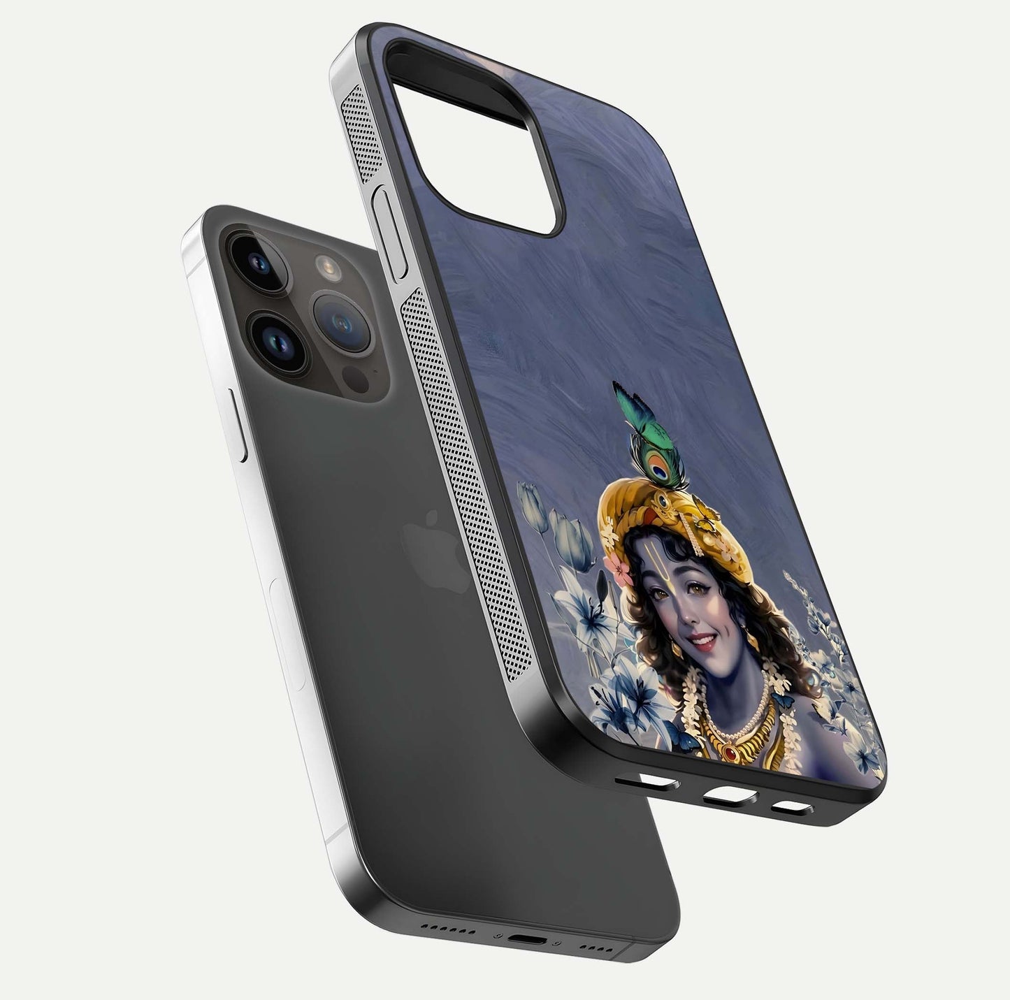 Lord Krishna Glass Case for iPhone 14 Pro Max floating dual-view showing glossy shine and divine artistic pattern