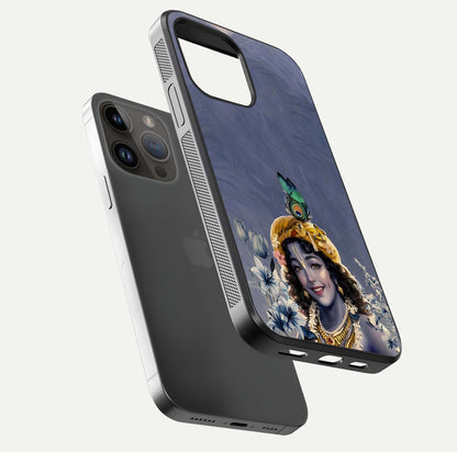 Lord Krishna Glass Case for iPhone 14 Pro Max floating dual-view showing glossy shine and divine artistic pattern