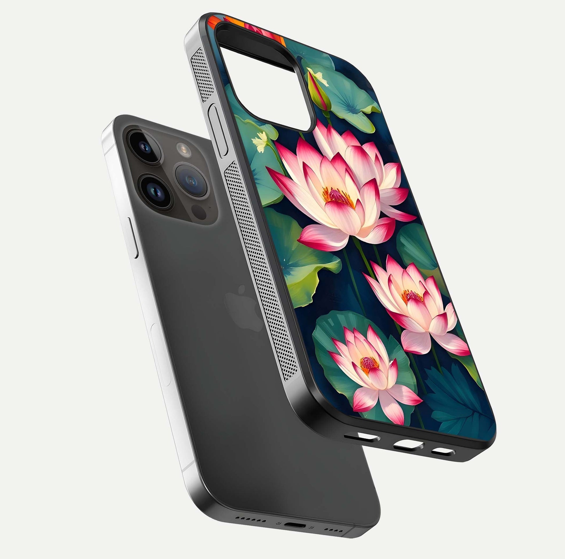 Lotus Dream Serenity Glass Case for iPhone 14 Pro Max floating dual-view mockup highlighting HD gloss glow