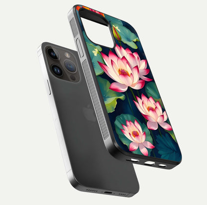 Lotus Dream Serenity Glass Case for iPhone 14 Pro Max floating dual-view mockup highlighting HD gloss glow