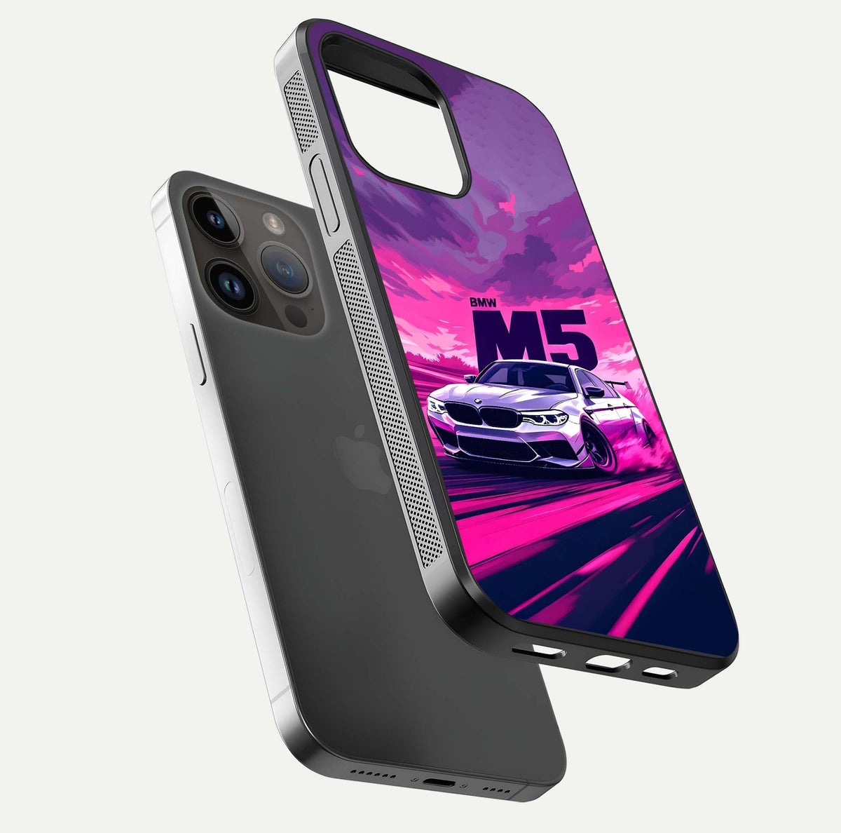 MS Neon Car Glass Case for iPhone 14 Pro Max floating dual-view mockup showing HD gloss and electric color tones