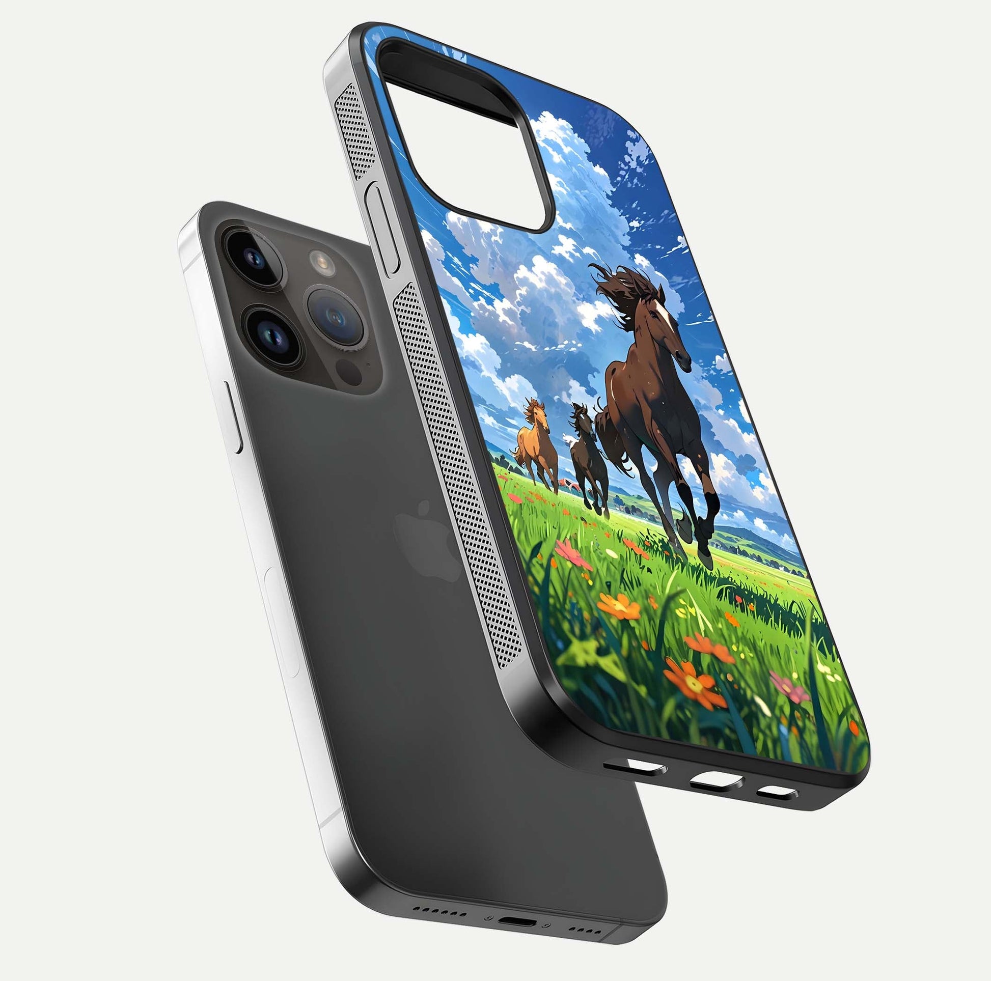 Majestic Horses Galloping Glass Case for iPhone 14 Pro Max floating dual-view mockup showing gloss texture and vivid tones