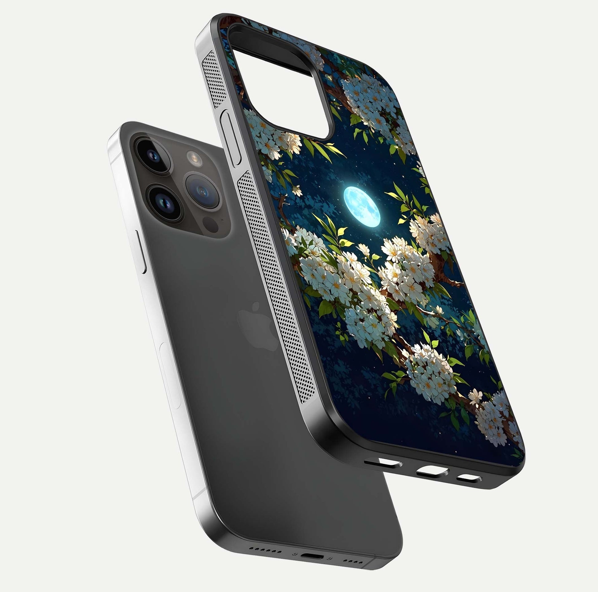 Moonlit Blossom Dream Glass Case for iPhone 14 Pro Max floating dual-view mockup showing gloss texture and floral tone