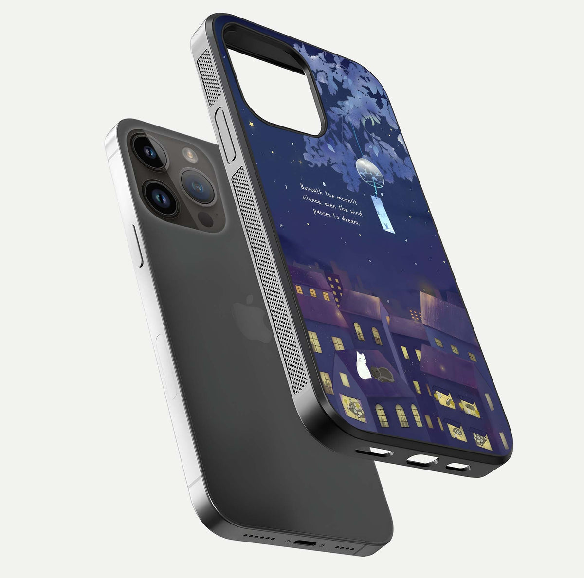 Moonlit Cat Silence Glass Case for iPhone 14 Pro Max floating dual-view mockup showing gloss reflection and moon art