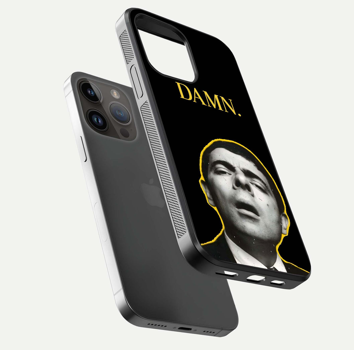 Mr Bean Damn Glass Case for iPhone 14 Pro Max floating dual-view mockup showing reflective gloss and vivid tones