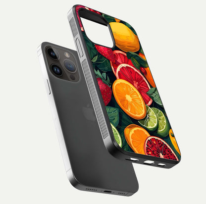Multiple Fruits Glass Case for iPhone 14 Pro Max floating dual-view mockup showing reflection depth and freshness