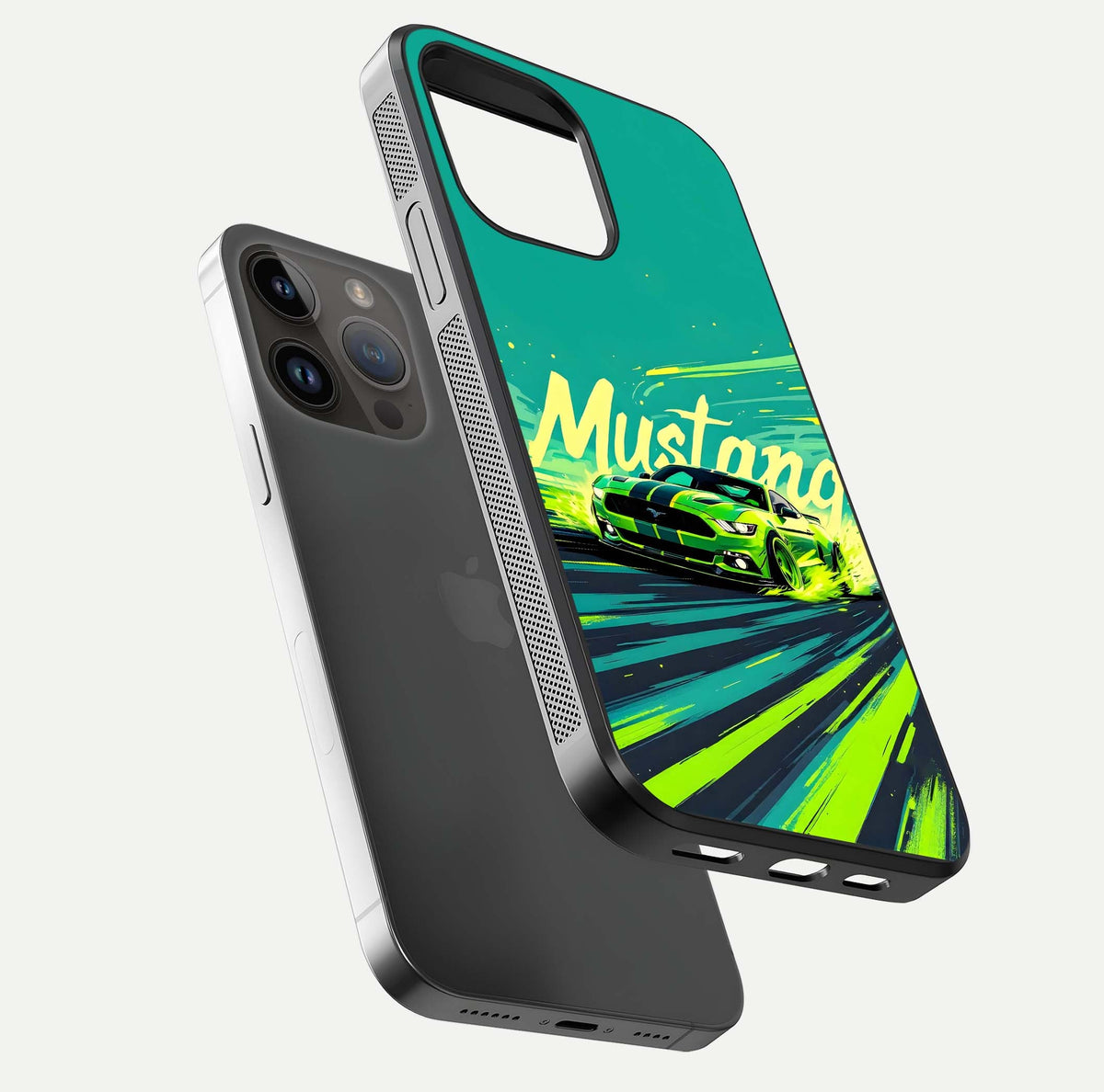 Mustang Bang Glass Case for iPhone 14 Pro Max floating dual-view mockup showing gloss depth and power design