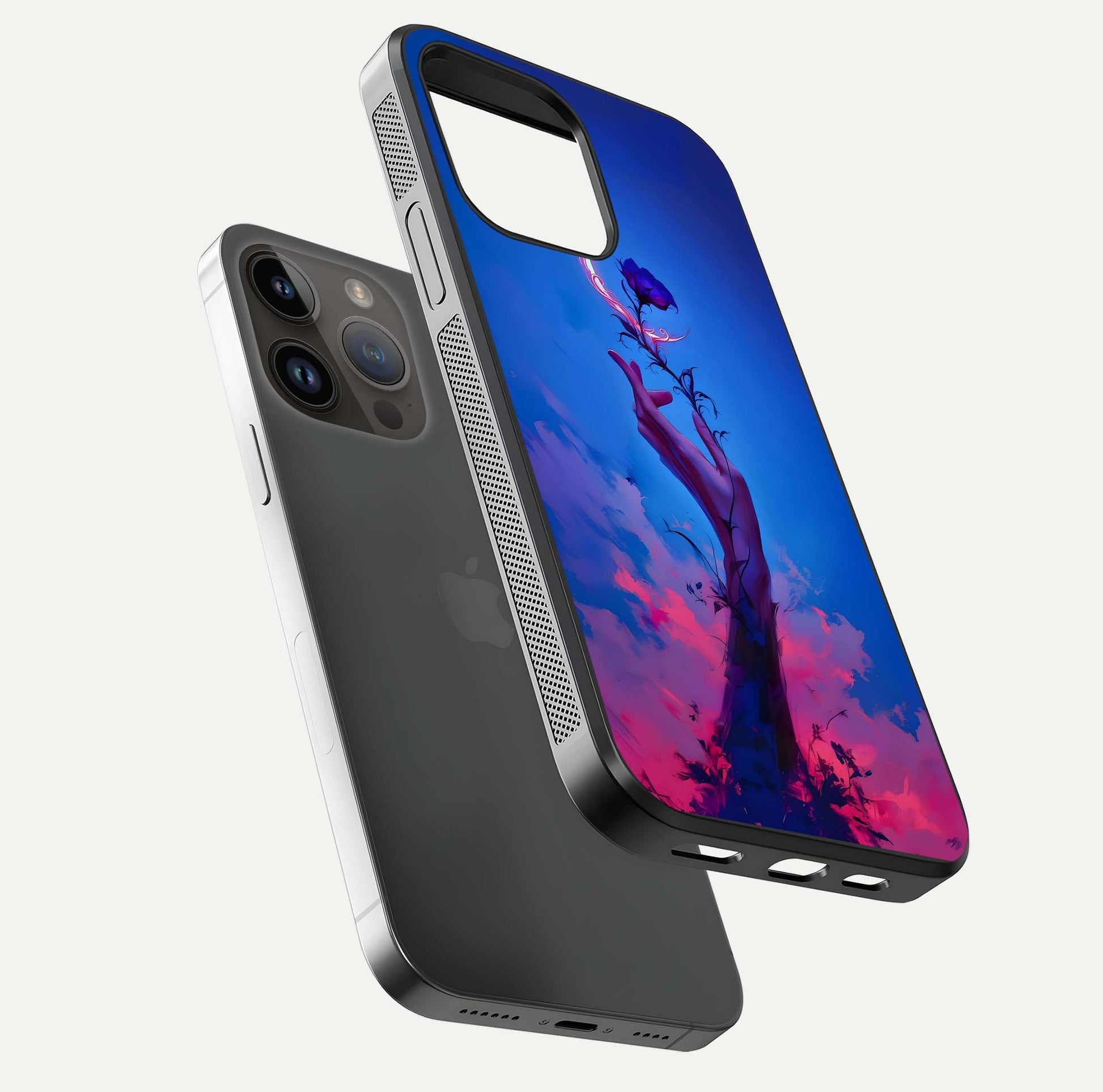 Mystic Hand Glass Case for iPhone 14 Pro Max floating dual-view mockup showing HD shine and fine palm detail