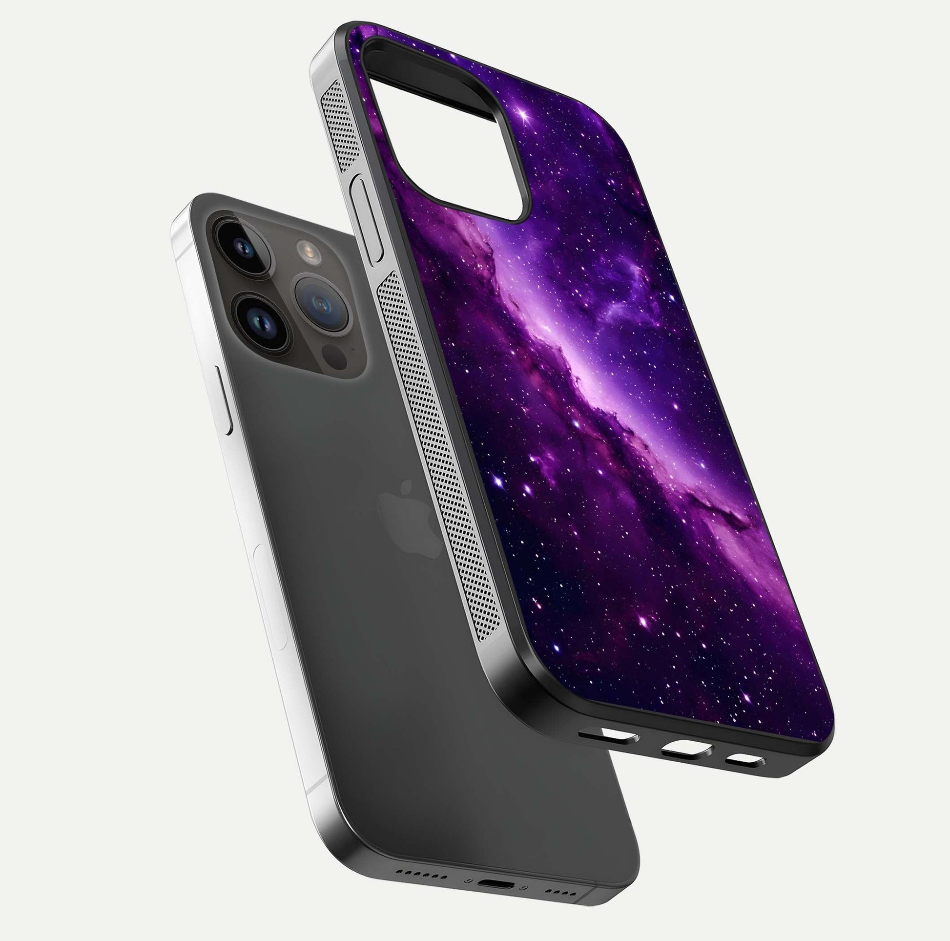 Purple Shade Sky Glass Case for iPhone 14 Pro Max floating dual-view mockup displaying gloss and sky theme