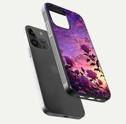 Starlit Rose Twilight Glass Case for iPhone 14 Pro Max floating dual-view mockup displaying gloss shine and depth