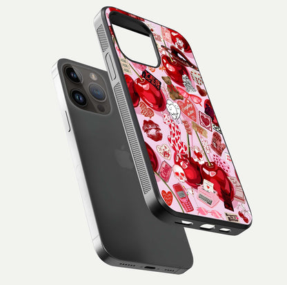Sweet Cherry Chaos Glass Case for iPhone 14 Pro Max floating dual-view mockup displaying gloss surface and depth