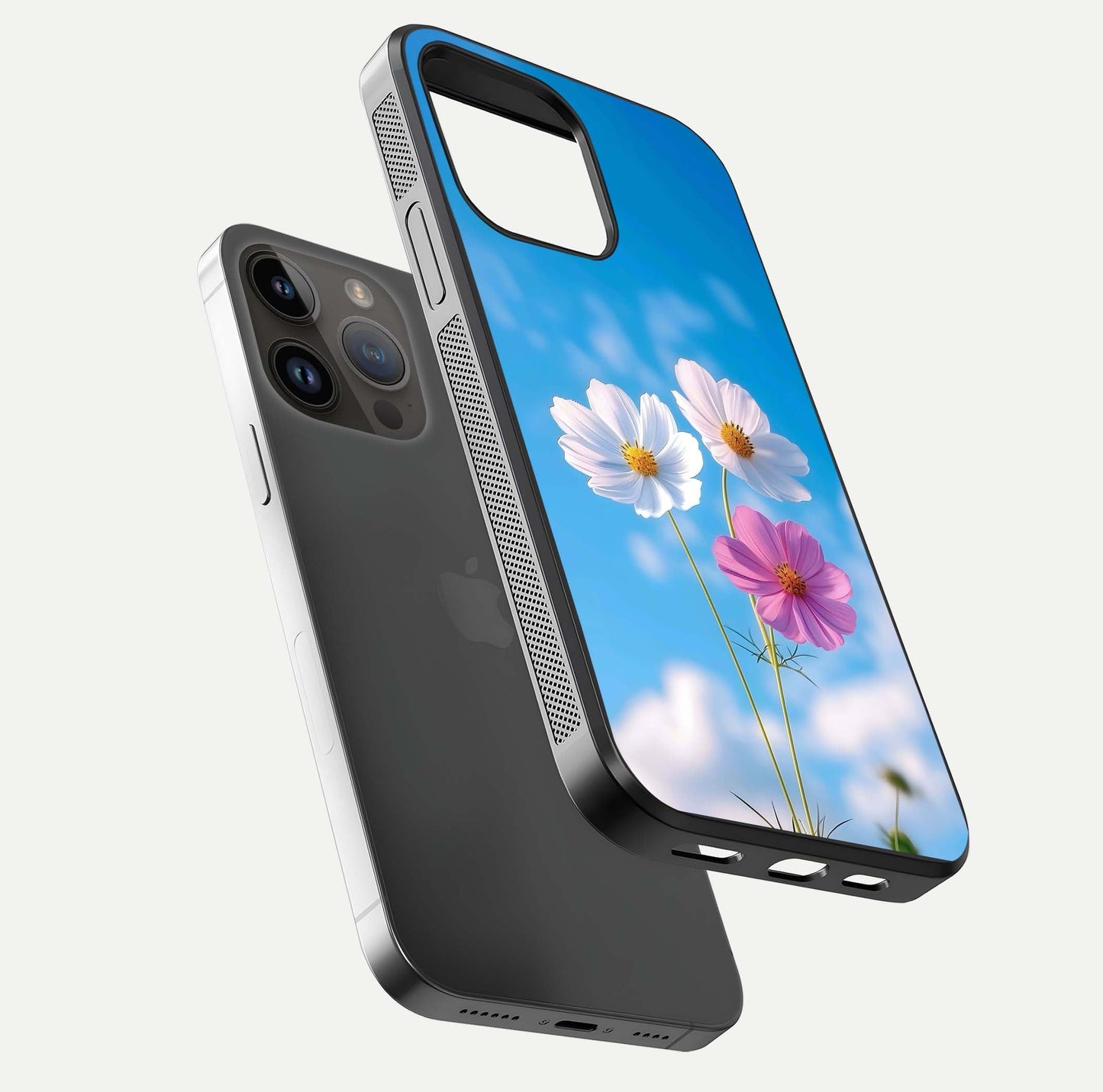 Triple Flowers With Sky Glass Case for iPhone 16 Pro floating dual-view mockup displaying gloss and soft hues