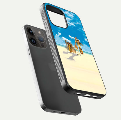 Tropical Fun Squad Glass Case for iPhone 16 Pro floating dual-view mockup displaying gloss reflection and contrast