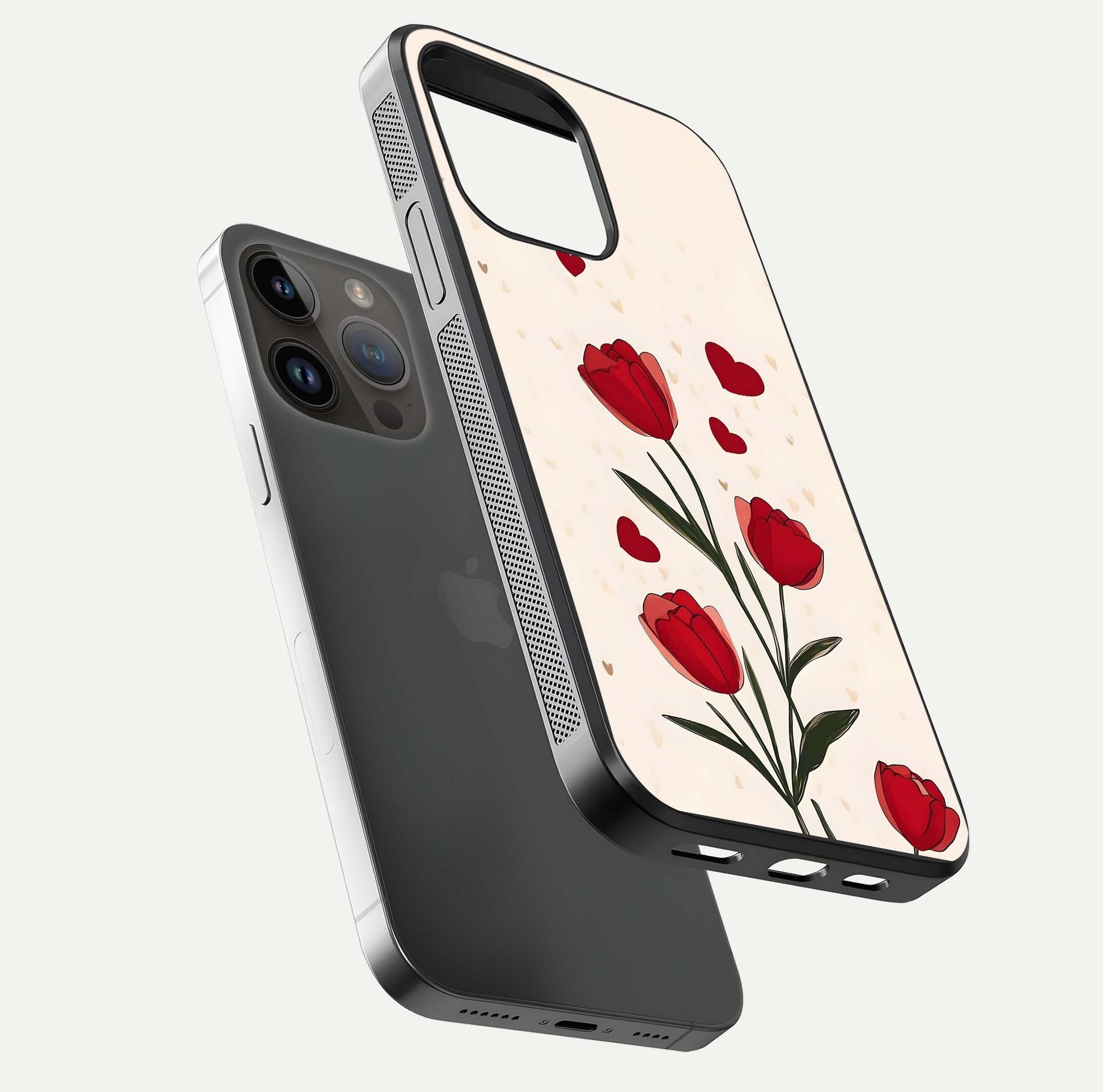 Tulip With Heart Glass Case for iPhone 14 Pro Max floating dual-view mockup displaying gloss texture and shine