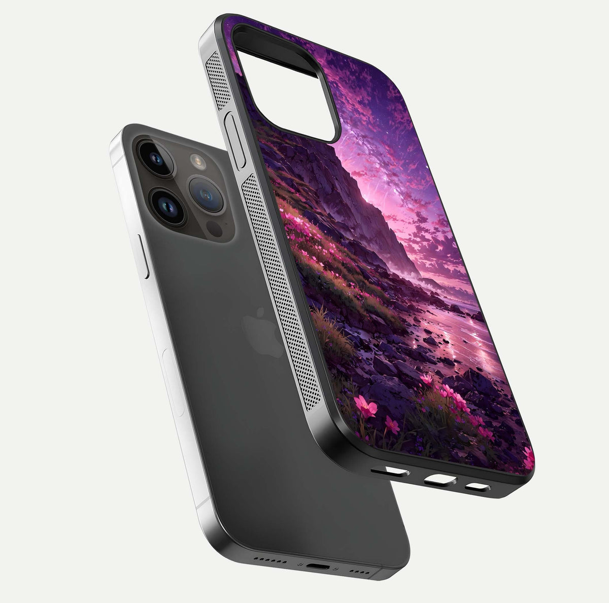 Twilight Blossom Coast Glass Case for iPhone 14 Pro Max floating dual-view mockup displaying gloss surface and detail