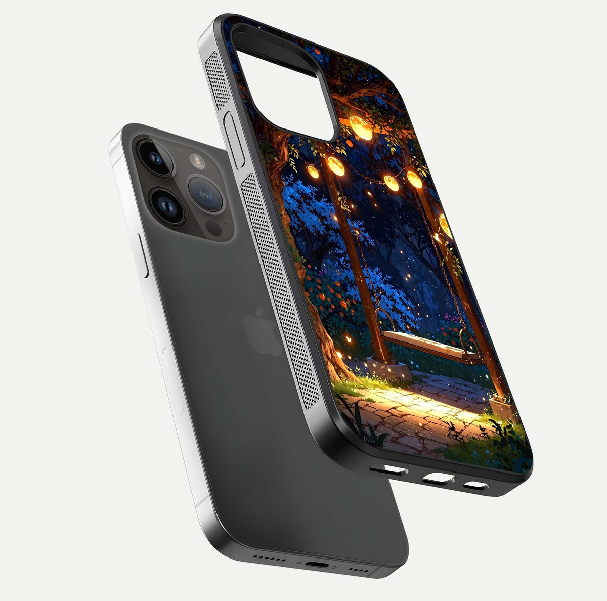 Twilight Garden Swing Glass Case for iPhone 14 Pro Max floating dual-view mockup displaying gloss and tone balance