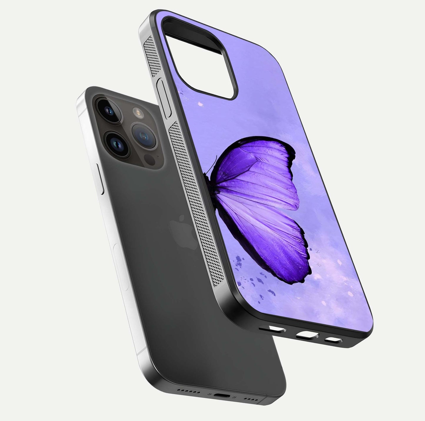 Violet Dream Wing Glass Case for iPhone 16 Pro floating dual-view mockup displaying gloss depth and clarity