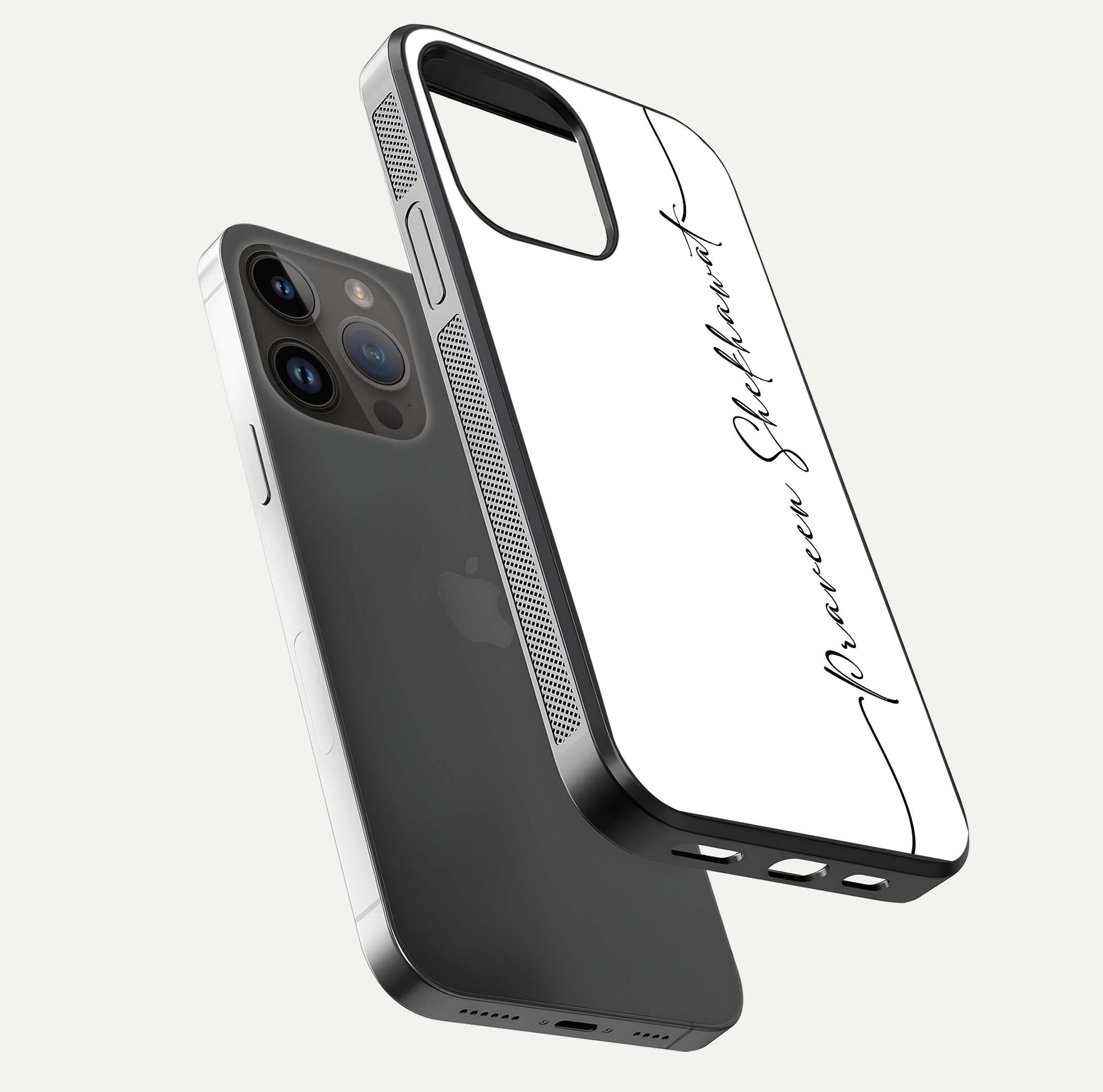 White Tune Custom Name Glass Case for iPhone 14 Pro Max floating dual-view mockup displaying gloss and HD detail