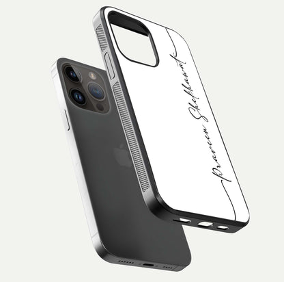 White Tune Custom Name Glass Case for iPhone 14 Pro Max floating dual-view mockup displaying gloss and HD detail