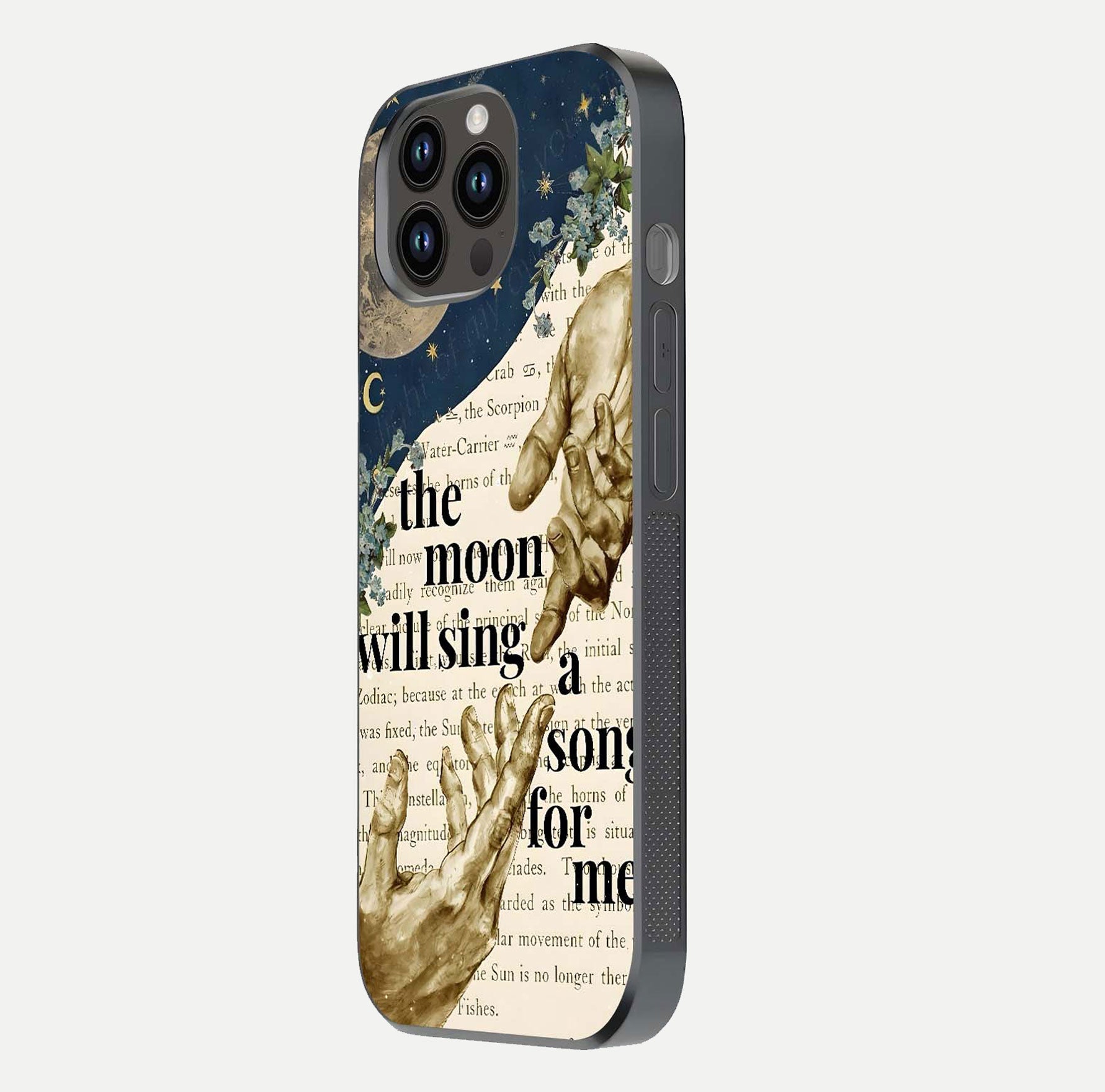 Aesthetic Divine Glass Case for iPhone 14 Pro Max side-angle image showing divine abstract design, camera module, and glossy finish reflection