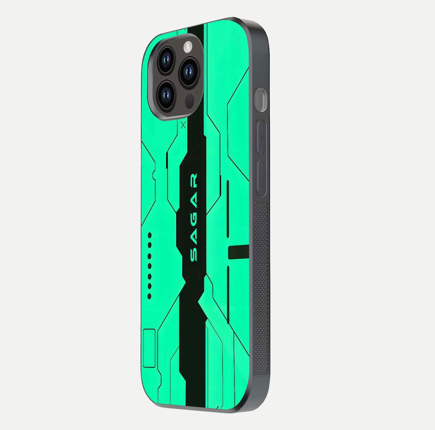 Aqua Tech CYBERPUNK Custom Name Glass Case for iPhone 16 Pro side-angle image with glowing edges and glossy surface