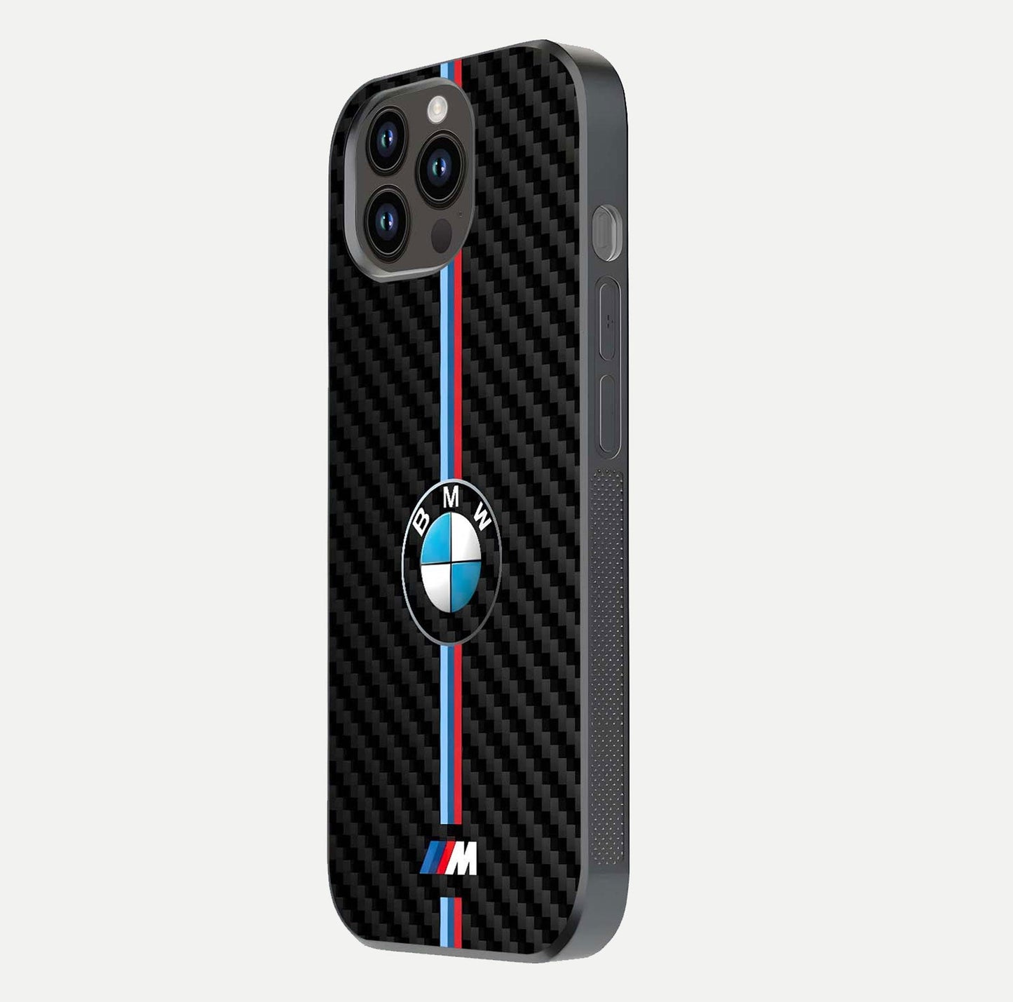 BMW Pattern Glass Case for iPhone 14 Pro Max side-angle image showing edge finish and luxury car-inspired shine