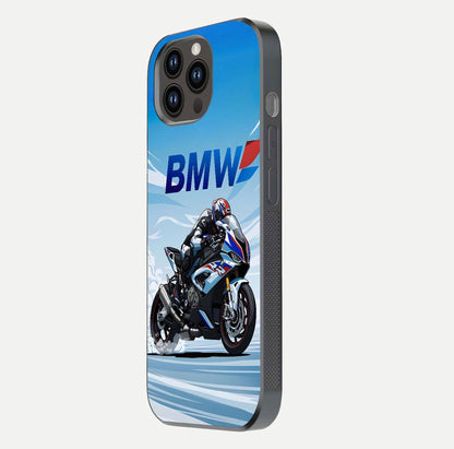 BMW Power Drift Glass Case for iPhone 14 Pro Max side-angle image emphasizing smooth finish and detailed design