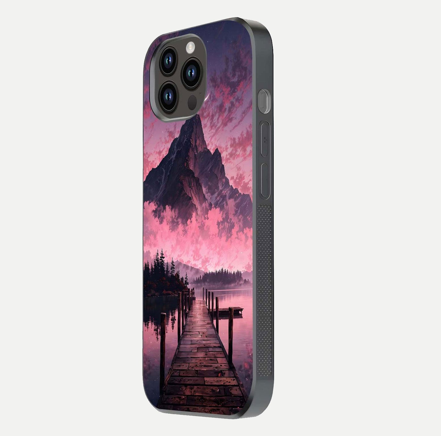 Beautyful Mountain View Glass Case for iPhone 14 Pro Max side-angle image displaying mountain artwork and gloss surface