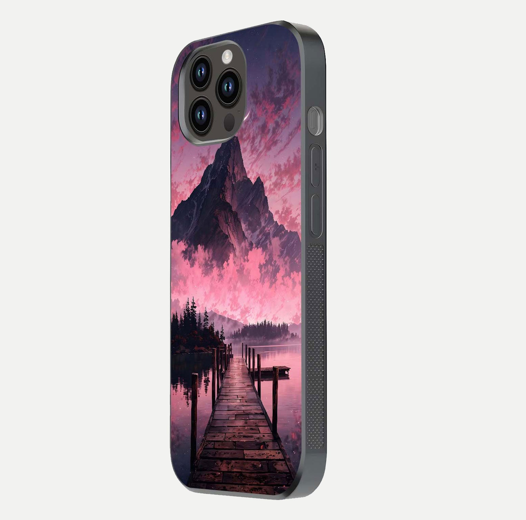 Beautyful Mountain View Glass Case for iPhone 14 Pro Max side-angle image displaying mountain artwork and gloss surface