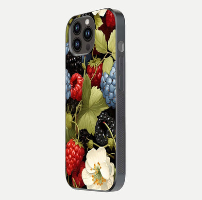 Berry Bloom Charm Glass Case for iPhone 14 Pro Max side-angle image showing floral texture and high-definition print gloss