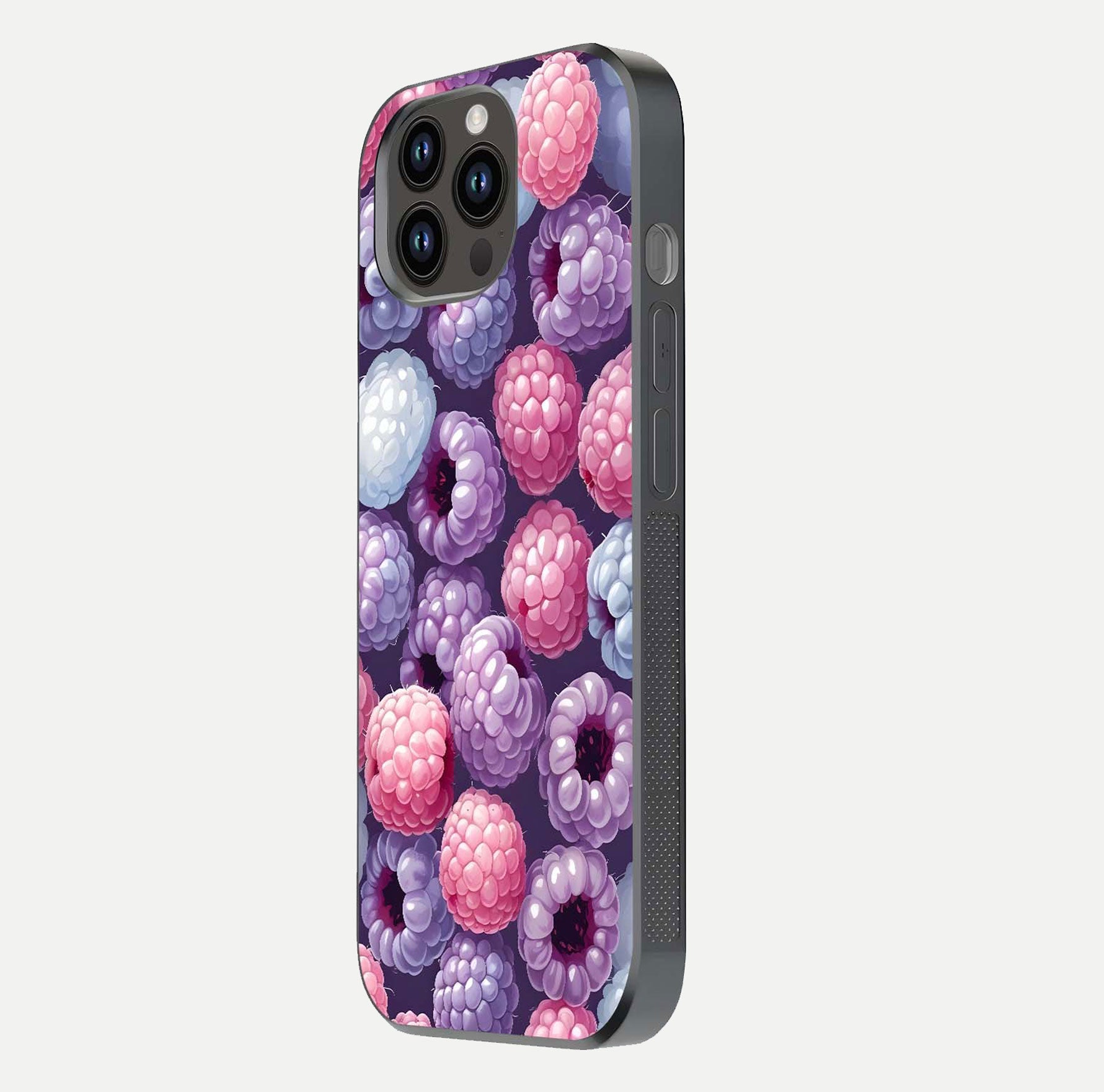 Berry Candy Pop Glass Case for iPhone 14 Pro Max side-angle image with bright color tones and smooth reflection